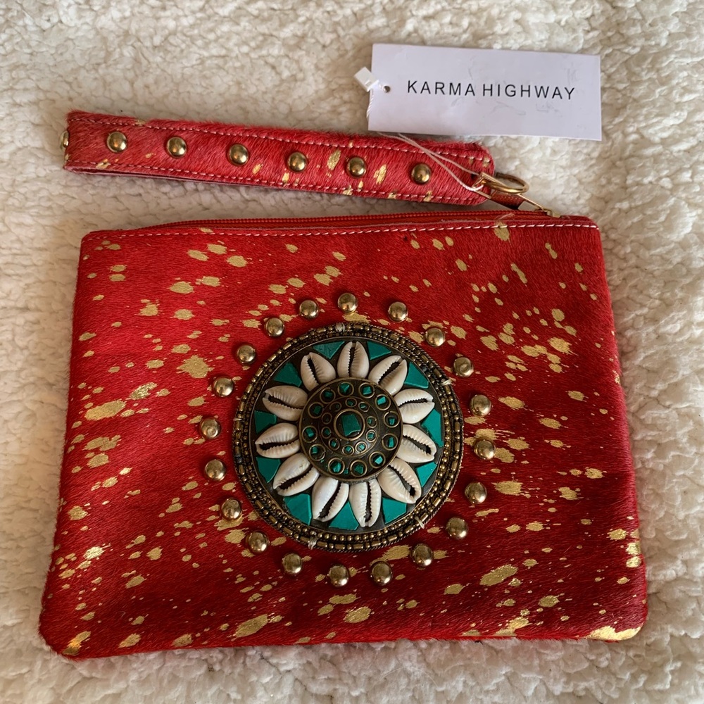 NWT Karma Highway Red and Gold Clutch